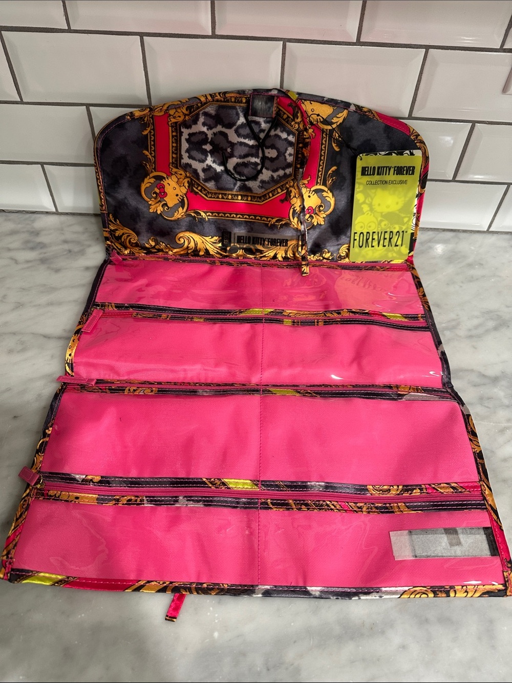 NWT Forever 21 x Hello Kitty Pink and Black Printed Travel Jewelry Hanging Pouch
